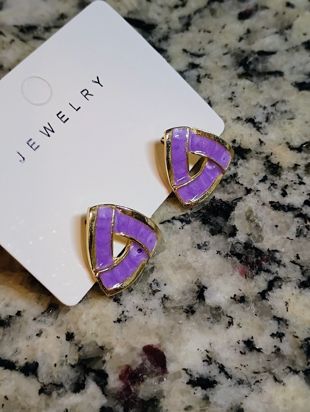 New Gold Tone & Purple Enamel Triangle Earrings